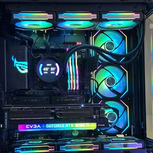 RGB gaming PC with EVGA GeForce RTX card and blue-lit fans