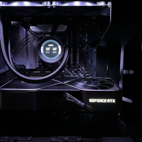Close-up of a GeForce RTX graphics card and AIO cooler in a dark build